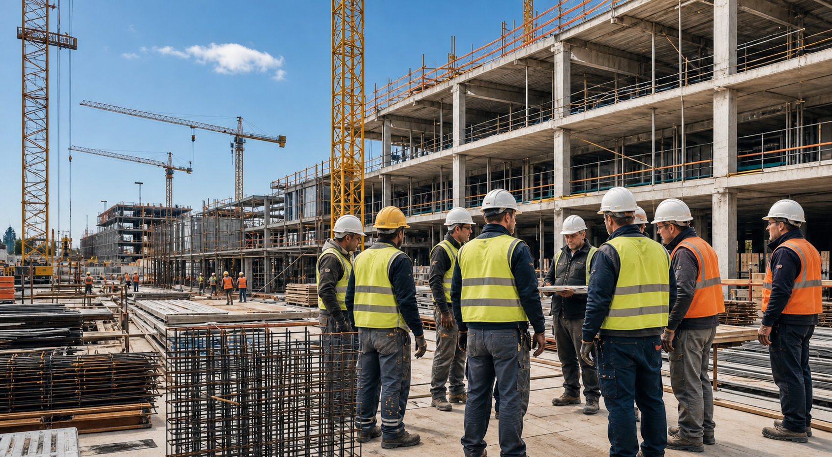Eingespielte Handwerker-Kolonne auf einer Baustelle